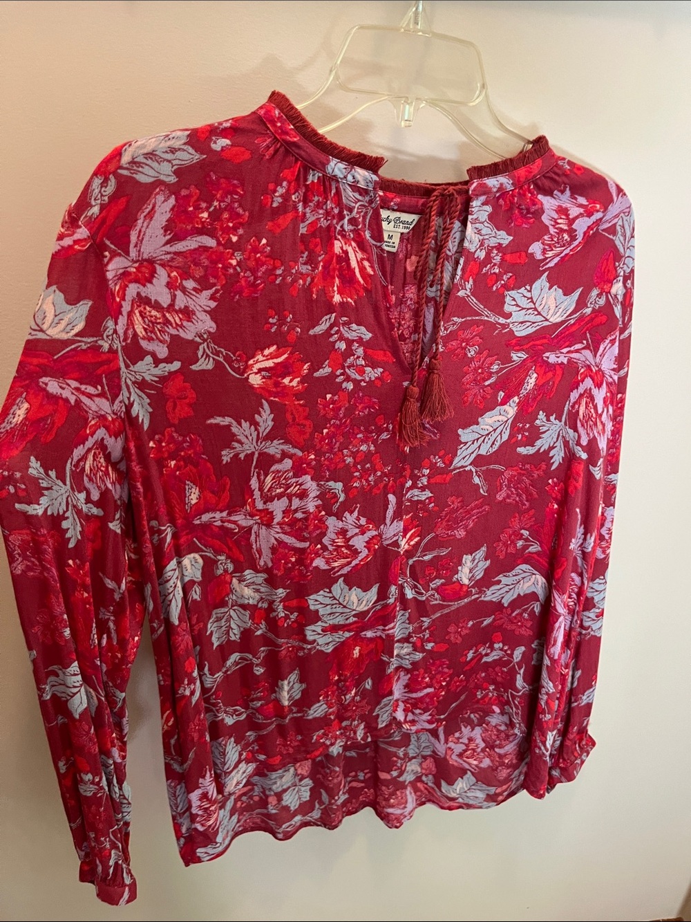 Lucky Brand Red and White Floral Tie-Neck Peasant Top